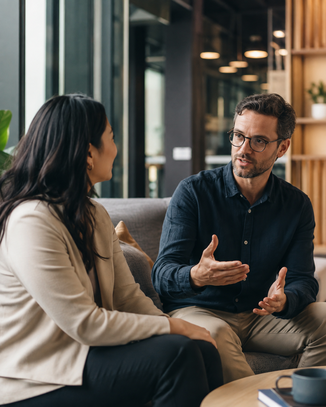 Two colleagues in conversation on a sofa in a modern office, one explaining a point while the other listens