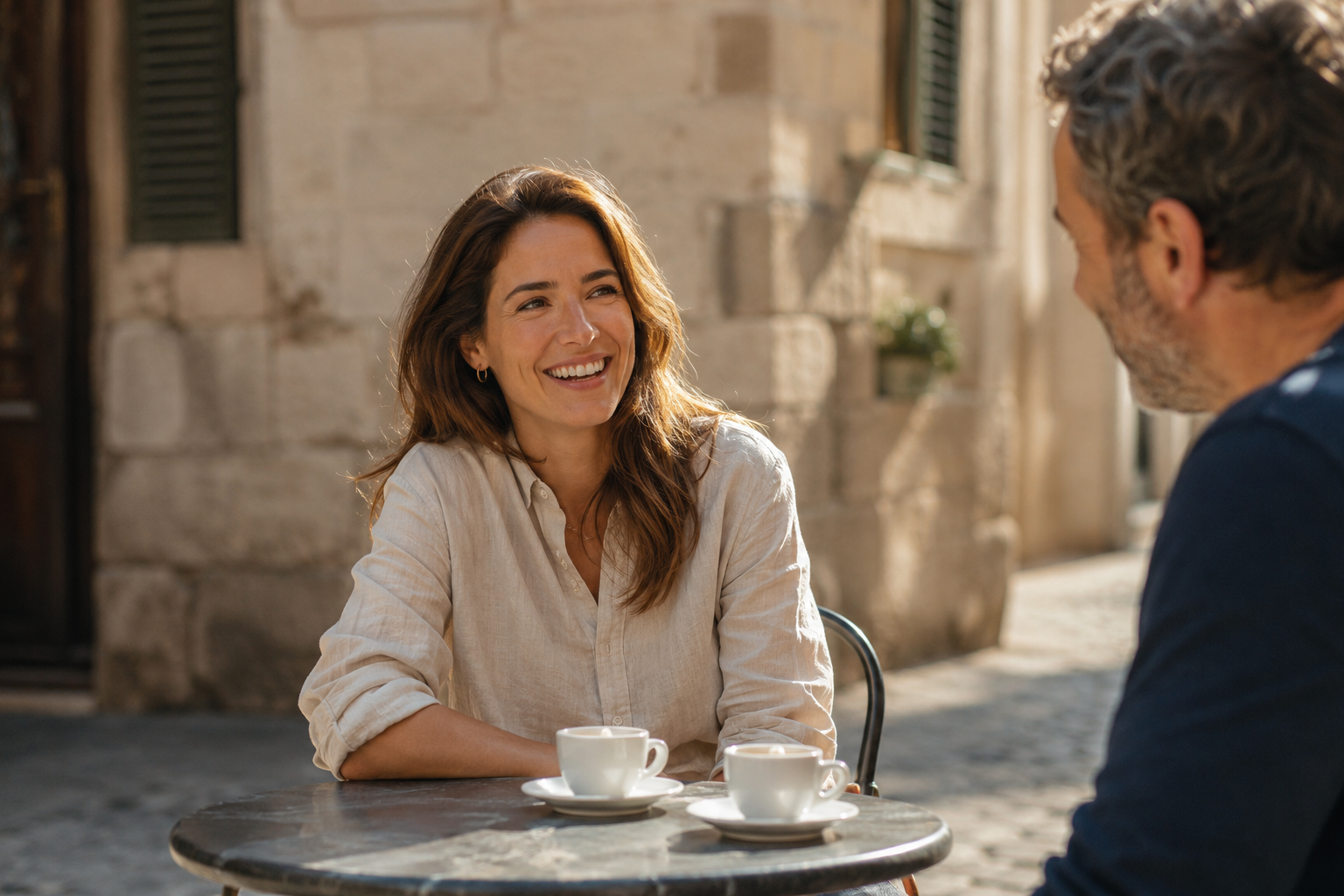 A woman laughing in conversation with a friend at an outdoor café table on a sunny street