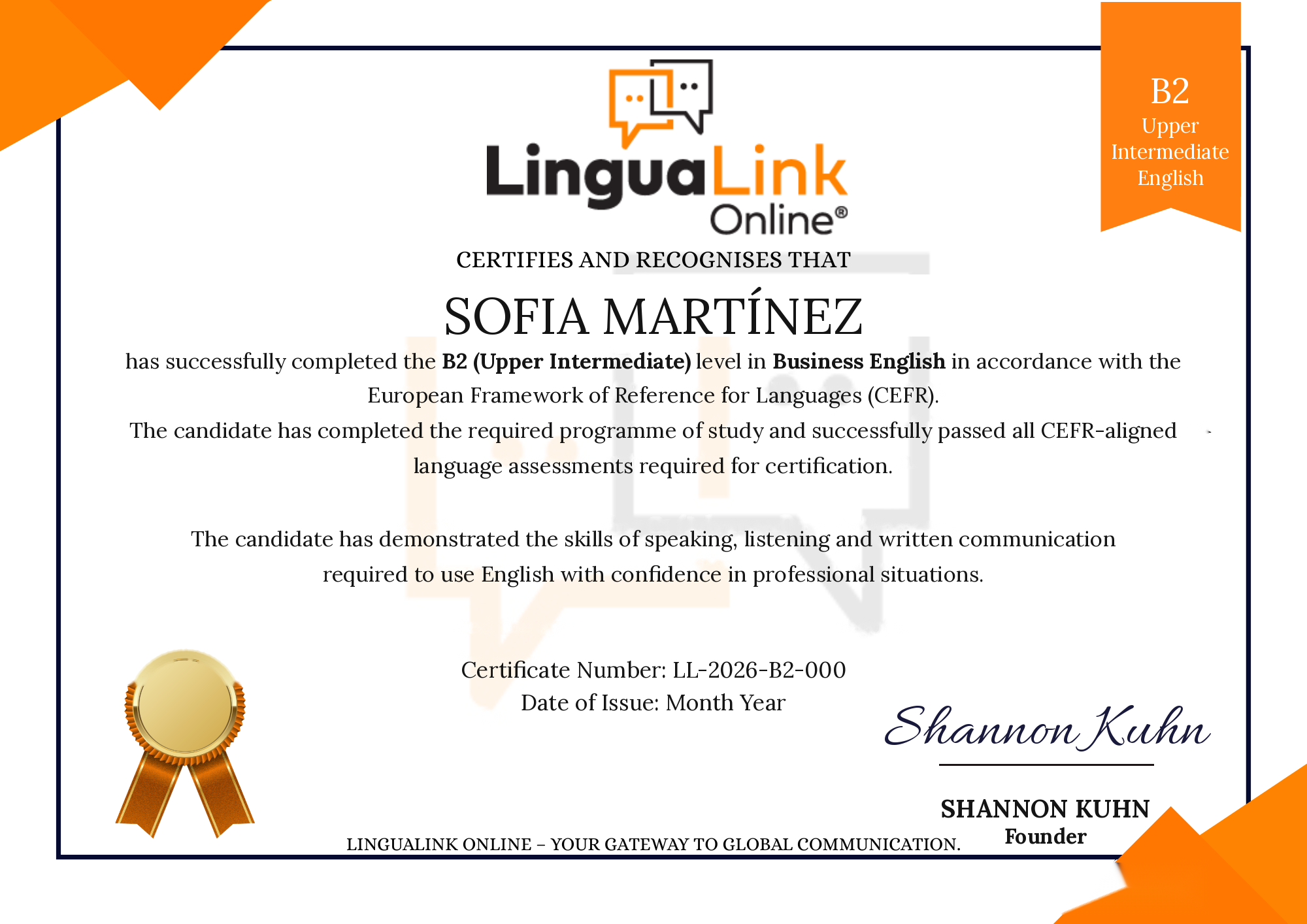 Example LinguaLink Online Business English certificate showing a completed CEFR level