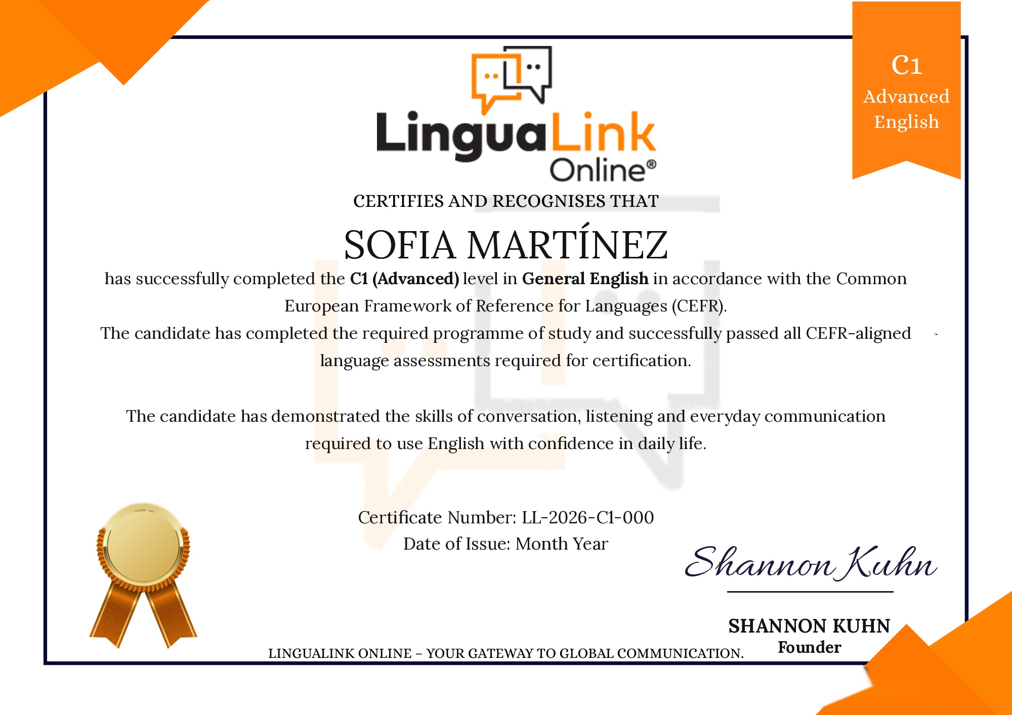 Example LinguaLink Online certificate for completing a CEFR level