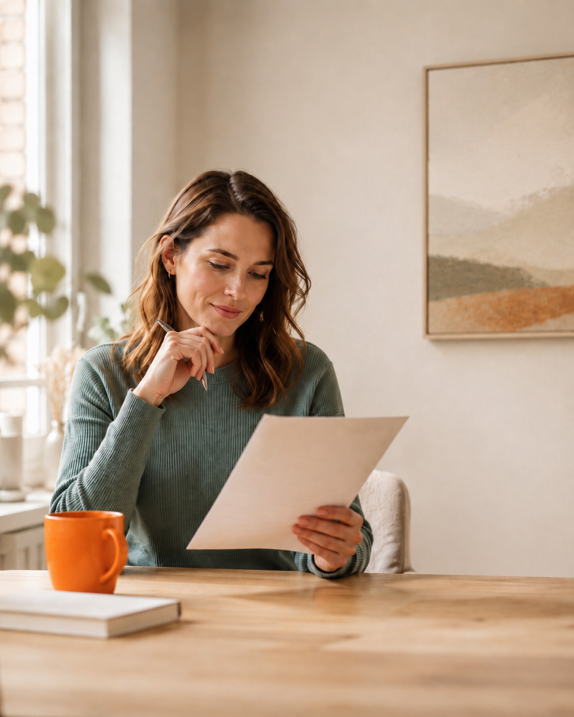 A woman sitting at a wooden table by a window, reading a printed document and holding a pen
