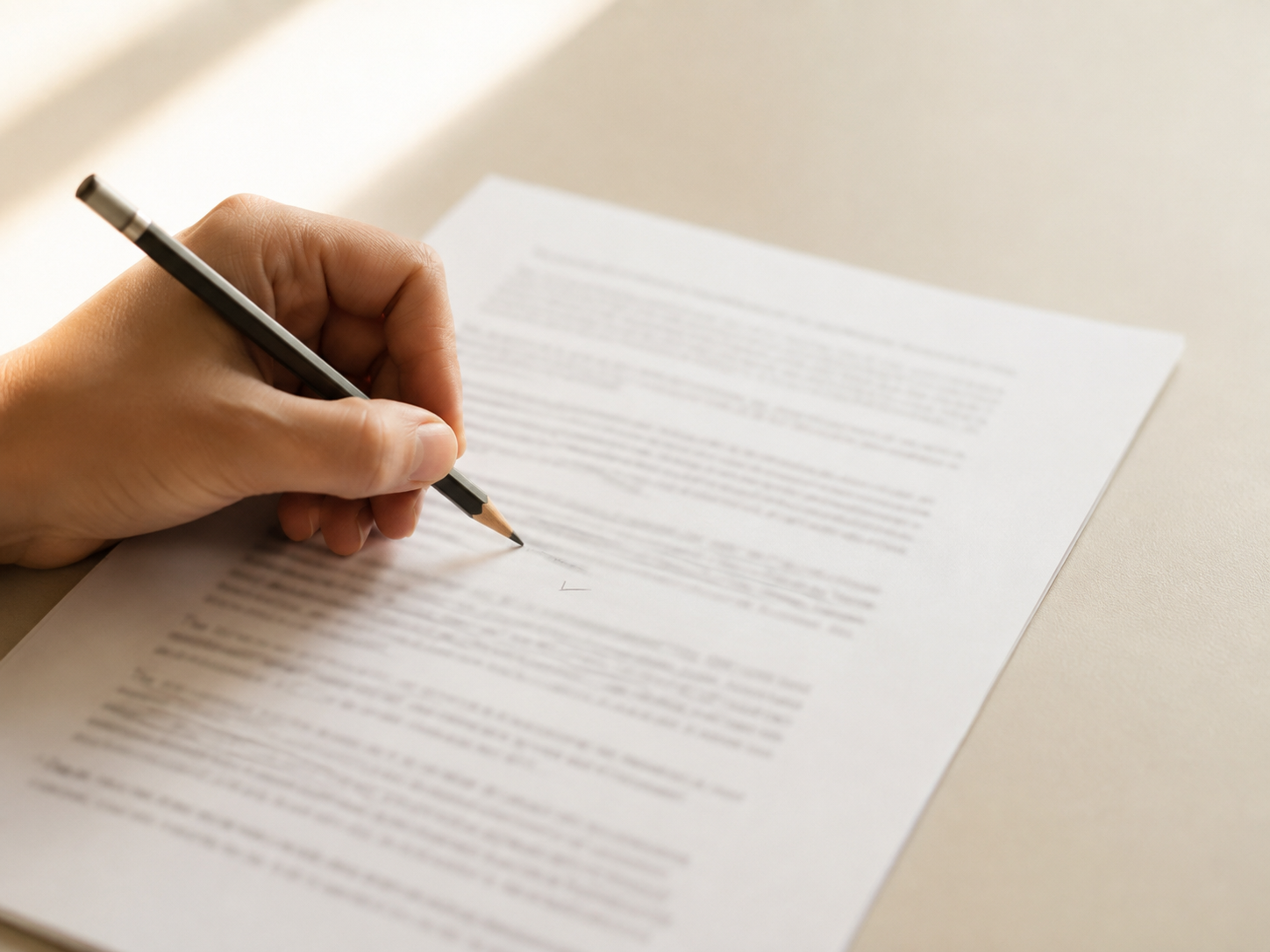 A hand marking a printed document with a pencil.